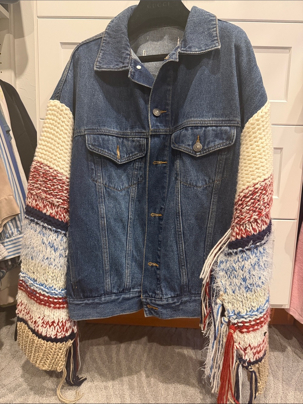 Zara Blue Denim Jacket with Multicolor Knit Fringe Sleeves